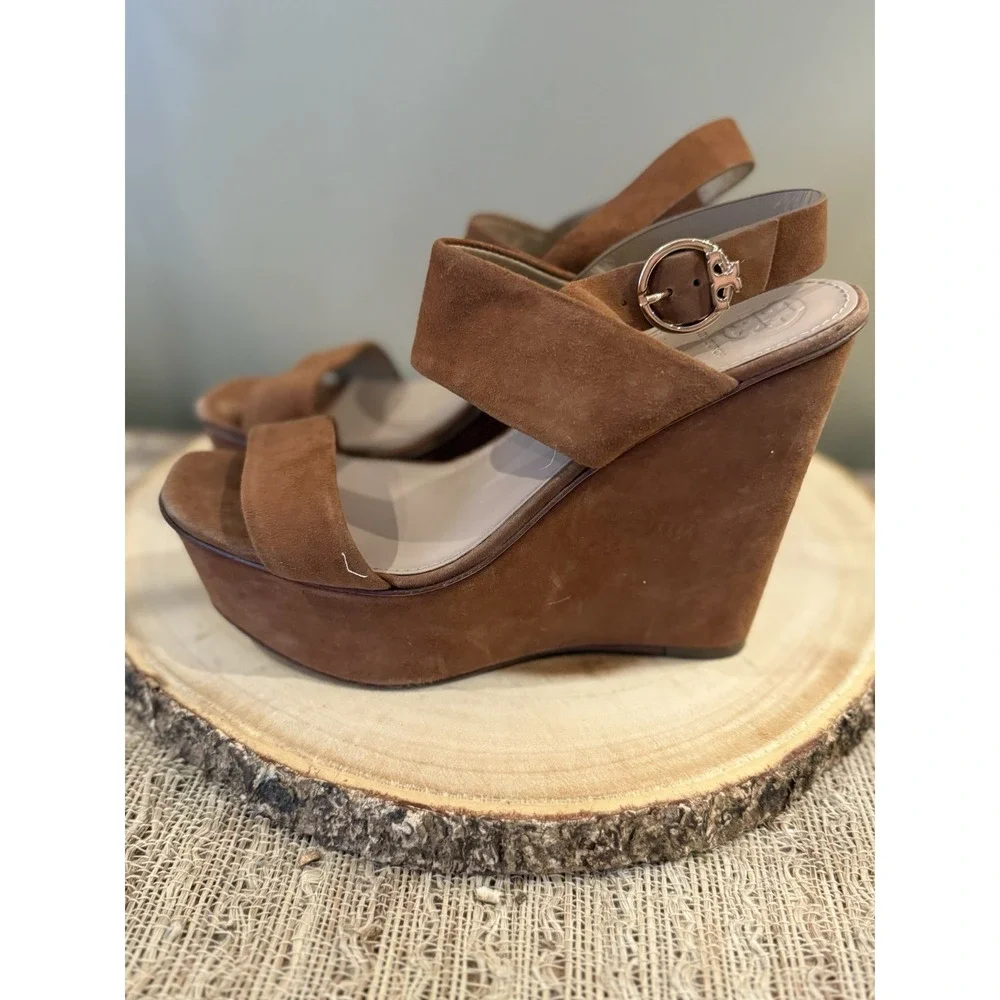 Tory Burch Loretta 120mm Lancaster Cuoio Brown Suede Platform‎ Wedge Sandals 8